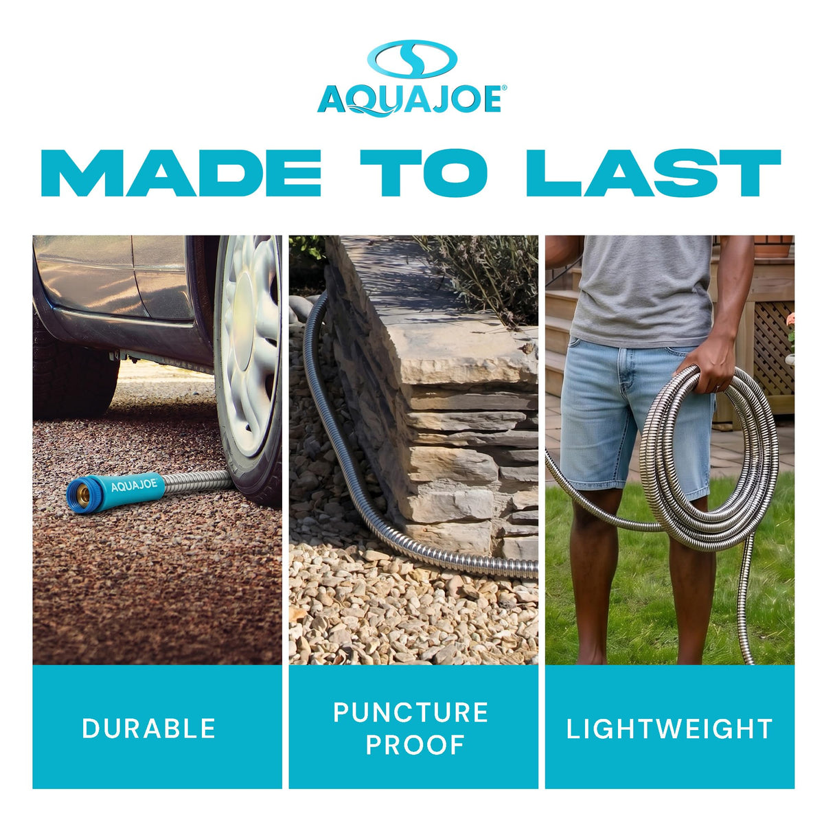 50-Foot Heavy Duty Garden Hose by Aqua Joe – 50 Feet, Outer Layer: Stainless Steel, Inner Core: PVC, Silver, Model AJSGH50