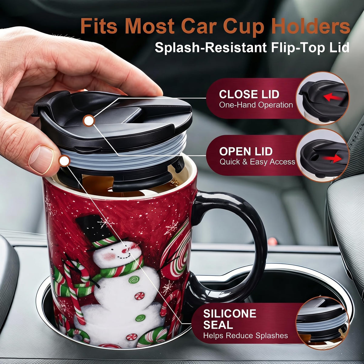 Topadorn Ceramic Coffee Mug with Lid, 17 Ounces, Candy Cane Snowman