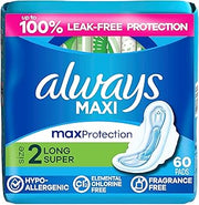 Always Maxi Feminine Pads with Wings for Women, Size 2, Long Super Absorbency, Unscented 60 Count