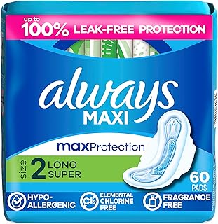 Always Maxi Feminine Pads with Wings for Women, Size 2, Long Super Absorbency, Unscented 60 Count