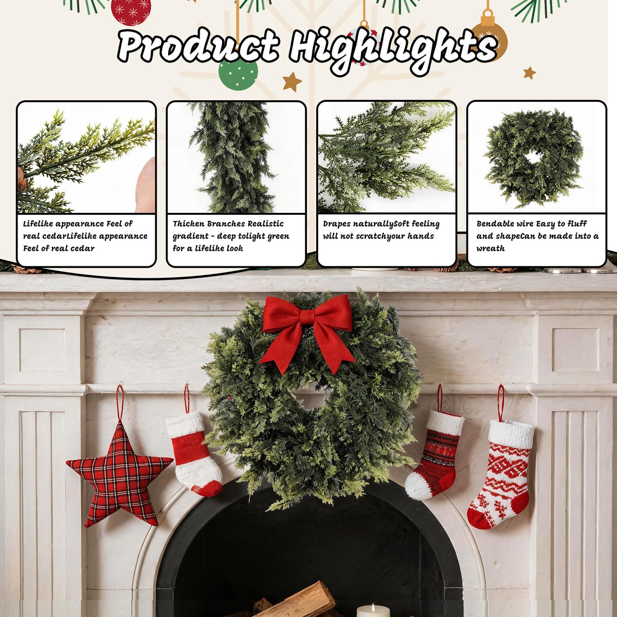 Stylisht Cedar Christmas Garland, 9FT, Green