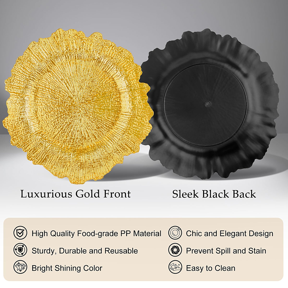 Osgevei Charger Plates, 13 Inch Round Plastic, 100 Gold