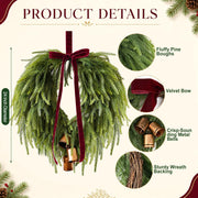 APUDWN Norfolk Pine Wreath, 24 Inch Diameter, Green with Burgundy Bow