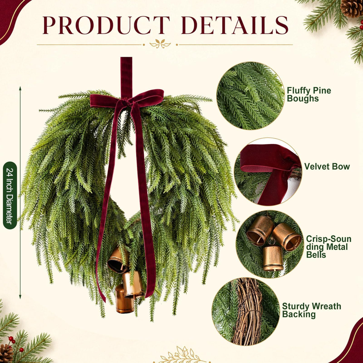 APUDWN Norfolk Pine Wreath, 24 Inch Diameter, Green with Burgundy Bow