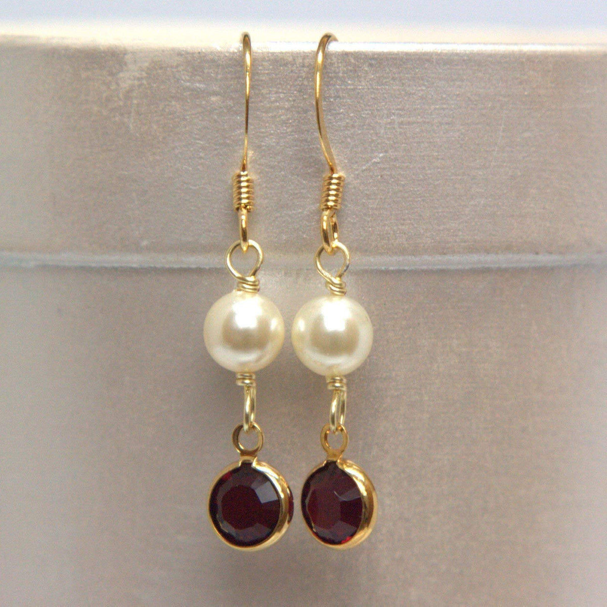 Crystal Channel Drop Dangle Earring - Siam Red Color by Martiana Jewelry – 1 inch, Crystal, Pearl, Gold Tone Ear Hook, Siam Red Color, Model MJ-E109