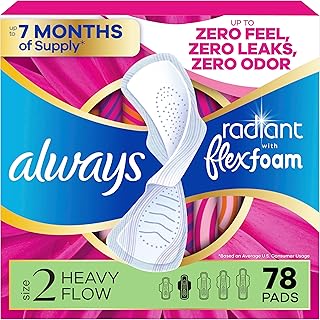 Radiant Feminine Pads for Women by Always – Heavy (Size 2), Foam, White, Model 4332404264