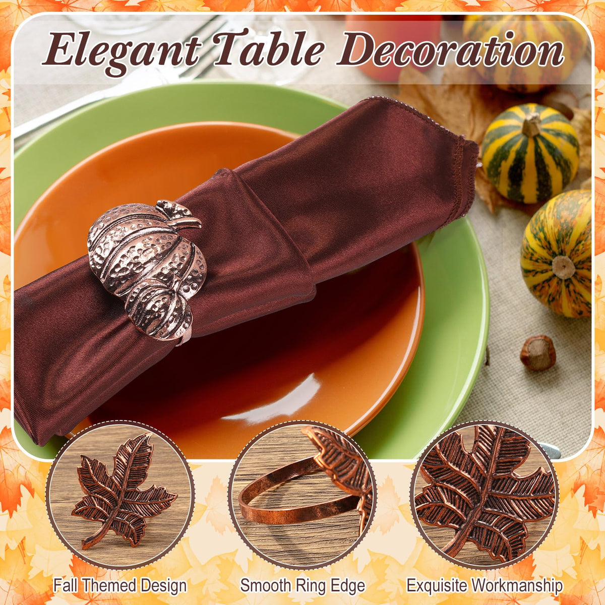 Remerry Napkin Rings, 8 Pack Leaf and Pumpkin, Bronze