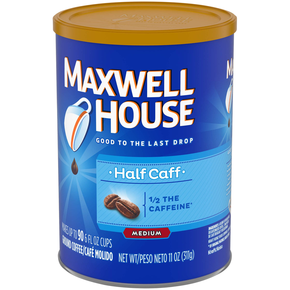 Half Caff Medium Roast Ground Coffee (11 oz Canister) by MAXWELL HOUSE – 11 Ounce (Pack of 1)