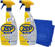 Zep Plus Stainless Steel Cleaner - 32 oz (2 Pack) & Blue Microfiber Rag