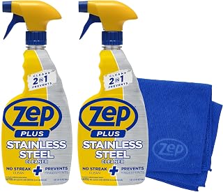 Zep Plus Stainless Steel Cleaner - 32 oz (2 Pack) & Blue Microfiber Rag