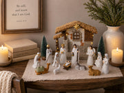 Gleemoria Nativity Scene Set, 17 Pieces with LED Stable, White