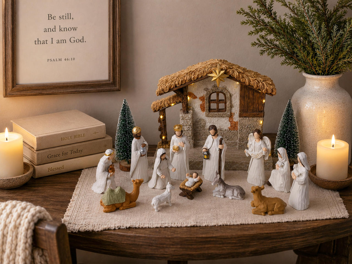 Gleemoria Nativity Scene Set, 17 Pieces with LED Stable, White