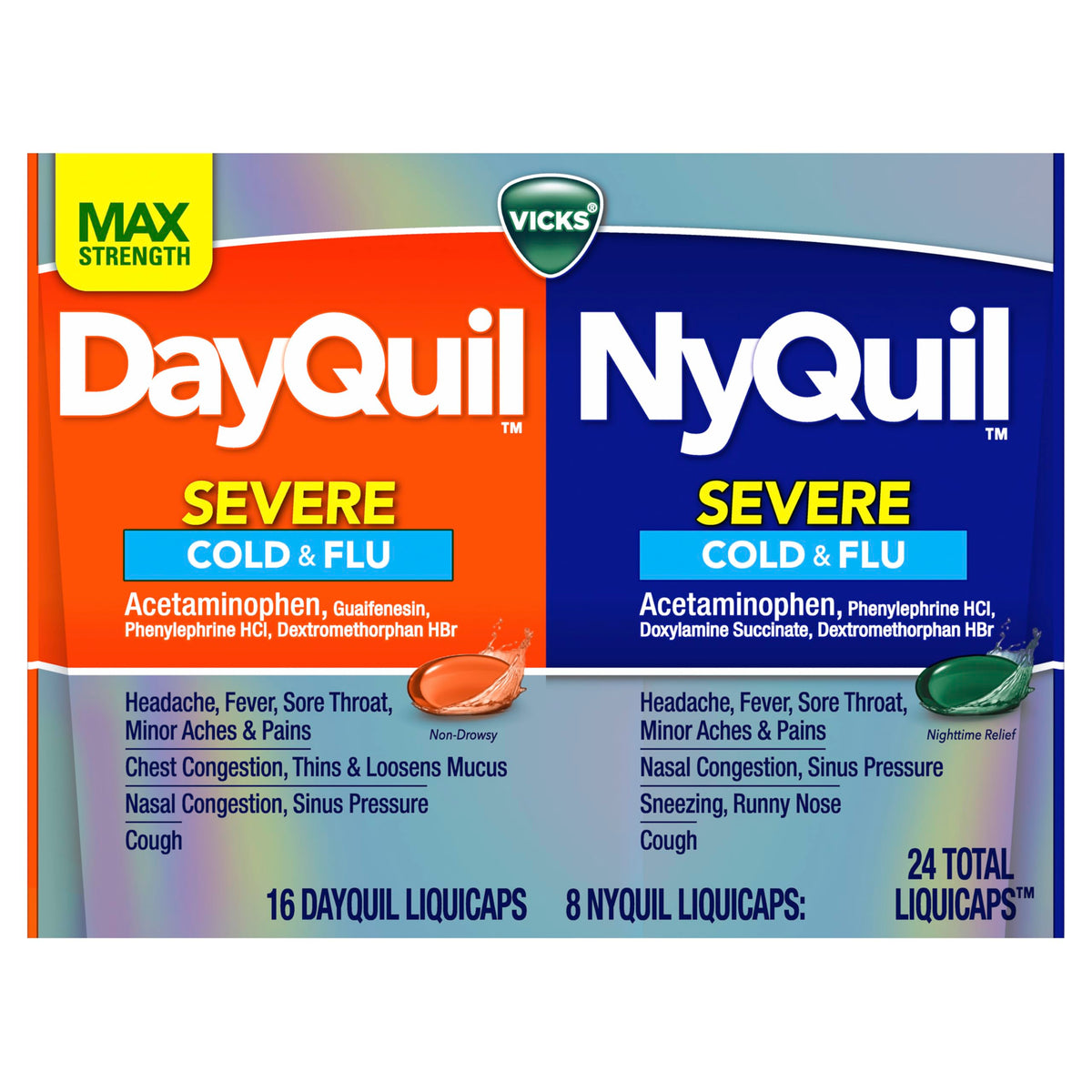 DayQuil & Nyquil Severe Cold by Vicks – 24 Count (Pack of 1), Model Vicks DayQuil & Nyquil Severe Cold, Flu & Congestion Medicine, 24 LiquiCaps Convenience Pack, 24Count
