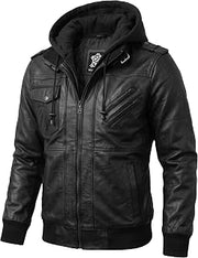 Men's Real Lambskin Leather Bomber Jacket with Removable Hood