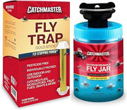 Catchmaster Fly Trap Bundle, Gold Stick 4-Pack & Outdoor Fly Jar, for Garage, Backyard, Pool, Patio & Camping