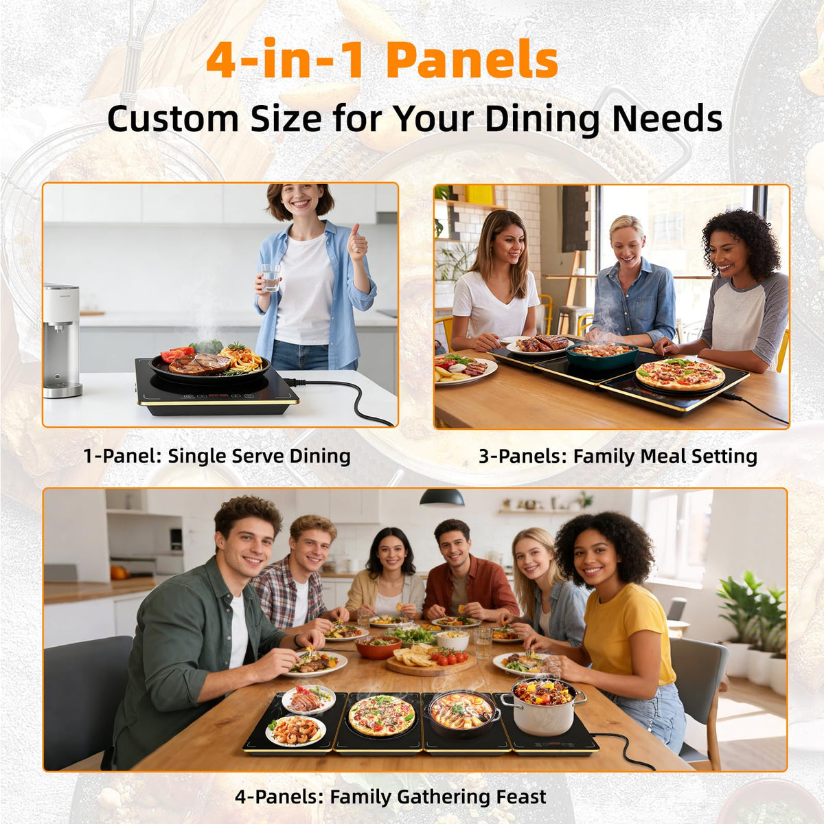 YEJOUMO Detachable Electric Warming Tray, 4 Modular Panels, Black