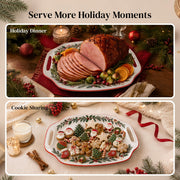 DOWAN Ceramic Serving Platter, 16.5 Inch Rectangular with Handles, White Christmas