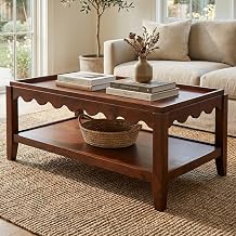 Scallop Coffee Table, Rectangular Mango Wood Side Table, Decorative Edge and Lower Shelf (Chestnut)