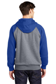 Unisex Raglan Colorblock Pullover Hooded Sweatshirt by SPORT-TEK – X-Small, Polyester Blend, True Royal/ Vintage Heather, Model ST267