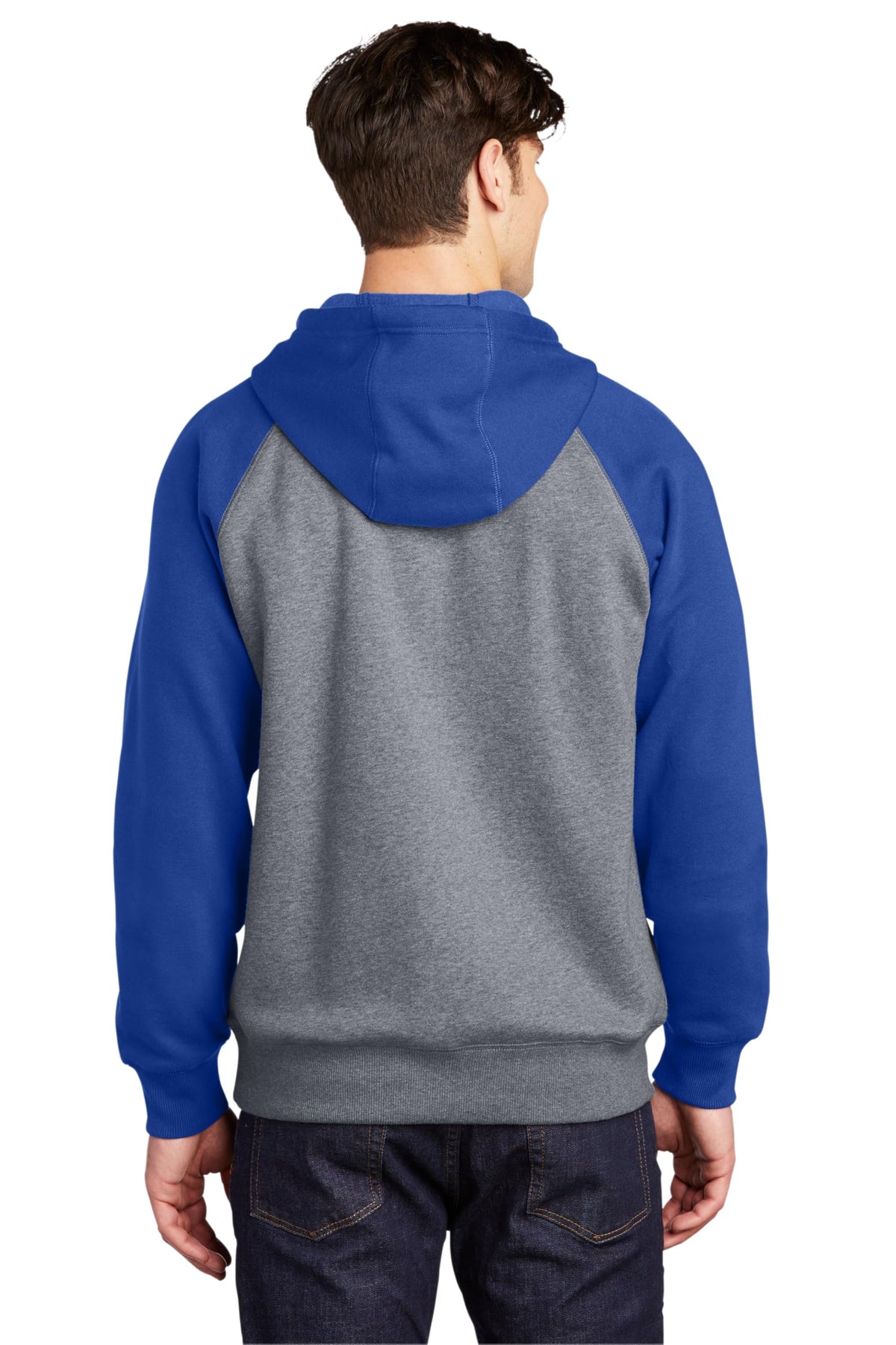 Unisex Raglan Colorblock Pullover Hooded Sweatshirt by SPORT-TEK – X-Small, Polyester Blend, True Royal/ Vintage Heather, Model ST267
