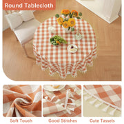 Laolitou Checkered Round Tablecloth, 60 Inch with Tassels, Orange