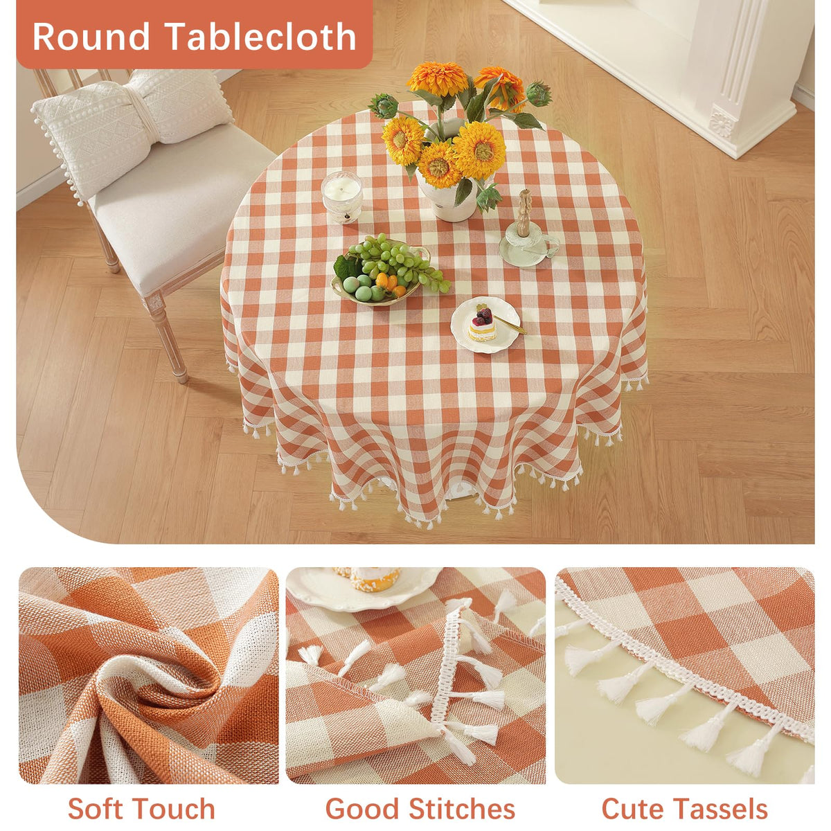 Laolitou Checkered Round Tablecloth, 60 Inch with Tassels, Orange
