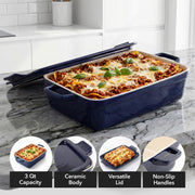 Ovente Ceramic Baking Dish with Lid, 3 Quart, Blue