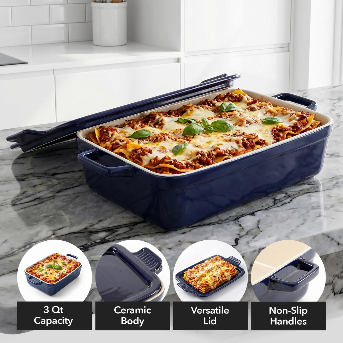 Ovente Ceramic Baking Dish with Lid, 3 Quart, Blue
