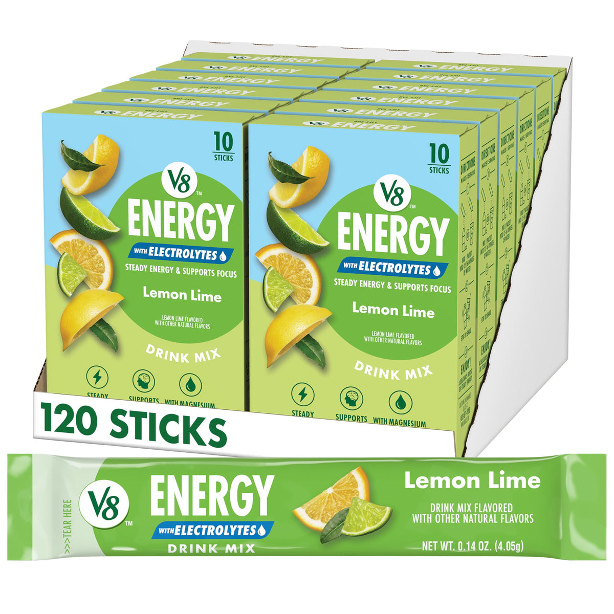 Energy Lemon Lime Energy Drink Powder by V8 – Pack of 120 (0.14 Ounce), Model 200000029725