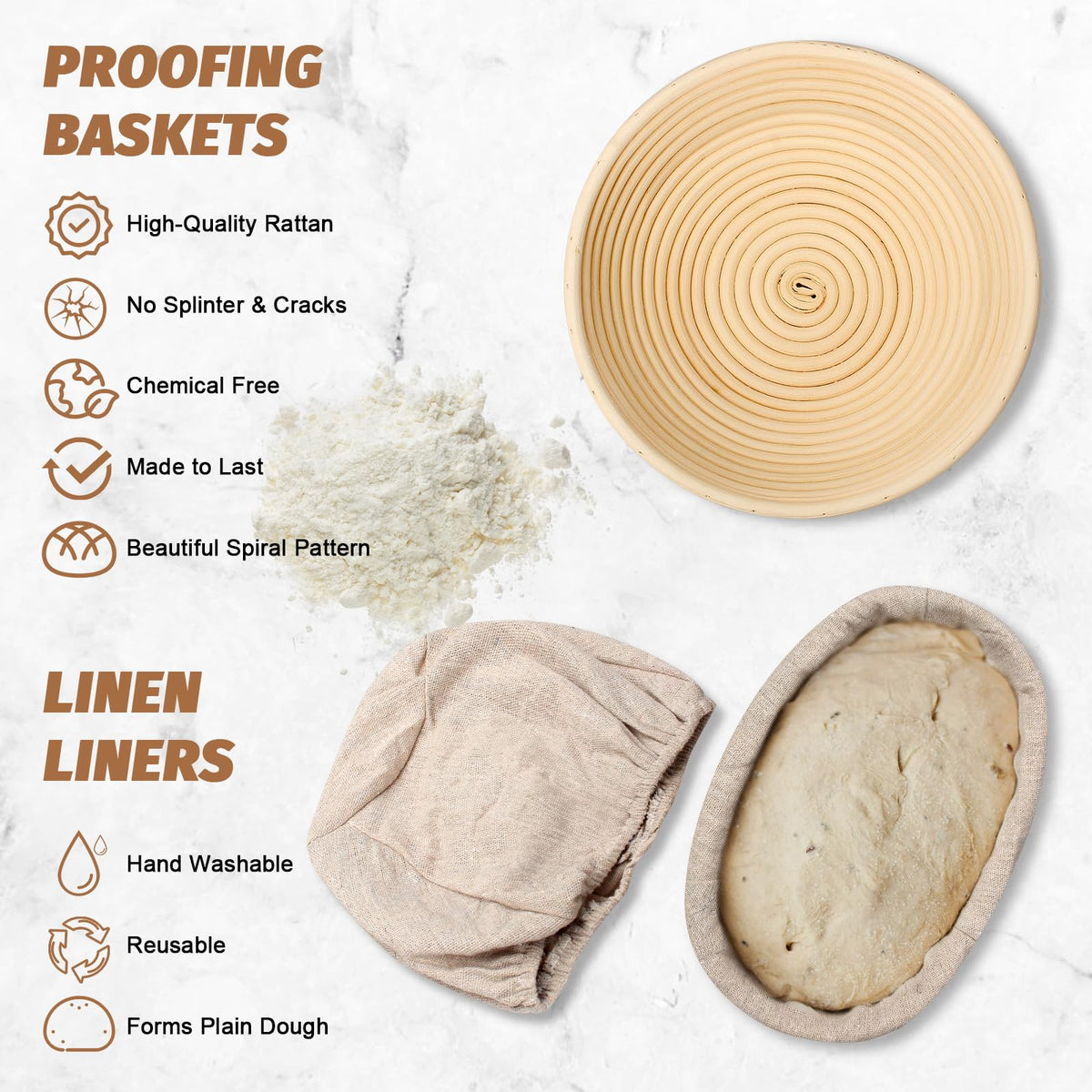EWFEN Bread Proofing Basket Set, 9 Inch Round and 10 Inch Oval, 9 Piece Kit, Natural