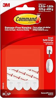 Small Refill Adhesive Strips, Damage Free Hanging Wall Adhesive Strips for Small Indoor Wall Hooks, No Tools Removable Adhesive Strips for Living Spaces, 20 White Command Strips