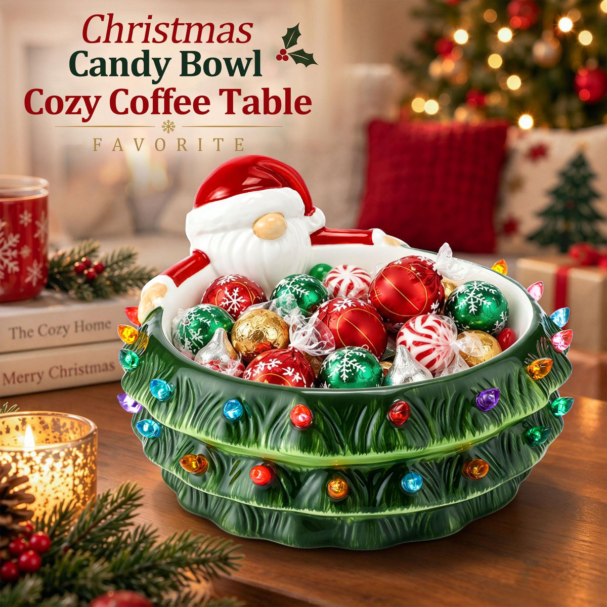 Saillong Ceramic Gnome Candy Bowl, 44 Oz, Holiday Design