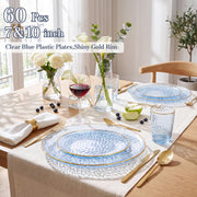 Rubtlamp Hammered Plastic Plates, Clear Blue With Gold Rim, 60 Count