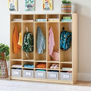 Guidecraft EdQ 5-Section Wooden Storage Locker for Classroom, Kids Natural Cubby Organizer with Shelves and Hooks for Coats