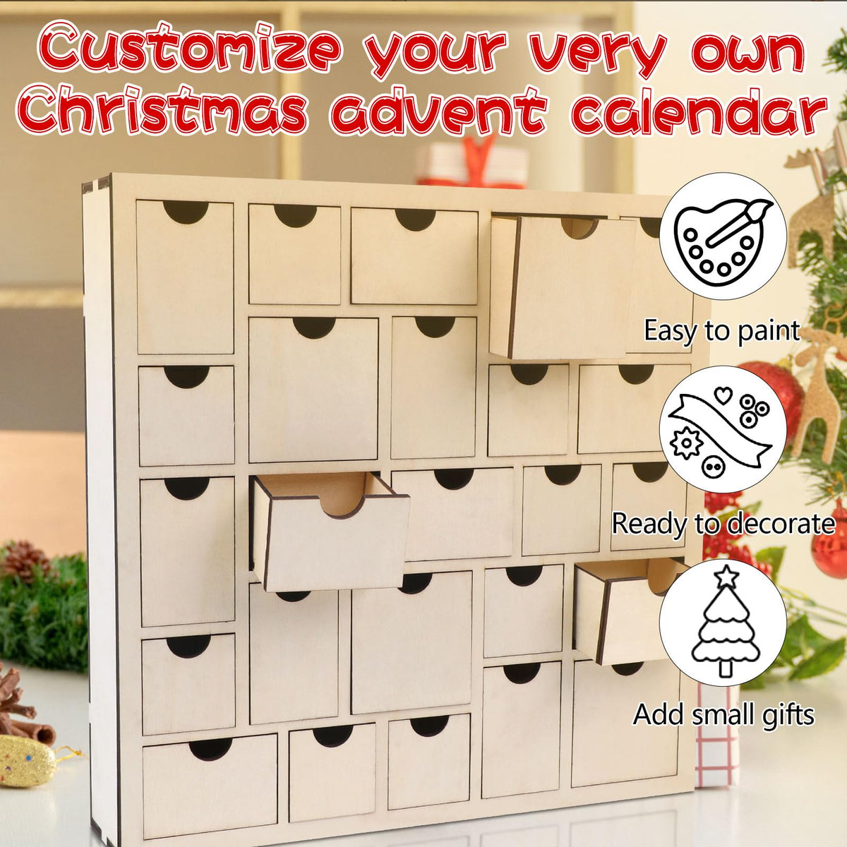 CCINEE Wooden Advent Calendar, 25 Drawers, Natural Wood