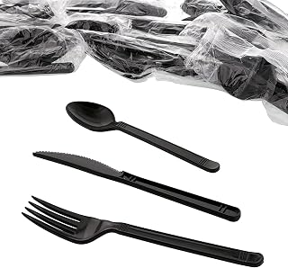 AmerCareRoyal 3-in-1 Disposable Silverware Heavy Weight Plastic Utensil Set with Teaspoon, Fork, and Knife - Individually Wrapped Cutlery Meal Kit, Black, Case of 250