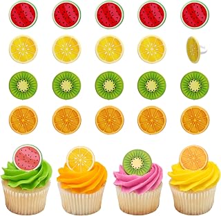24 x Summer Fruit Cupcake Rings | DecoPac Cake Toppers Featuring Kiwi, Watermelon, Orange, Lemon | For Beach, Pool,Tropical, Summer Party - 24 Pack