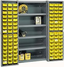 Global Industrial Deep Door Bin Cabinet, Includes 96 Yellow Plastic Bins | Padlockable Steel Cabinet, 38"W x 24"D x 72"H, For Tool and Parts Storage, Ships Assembled