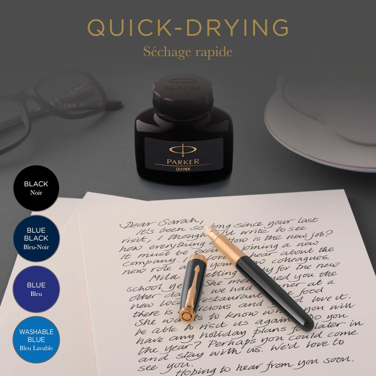 Quink Ink Bottle by Parker – 1.9 fl oz, Glass, Black Ink, Model 1950375