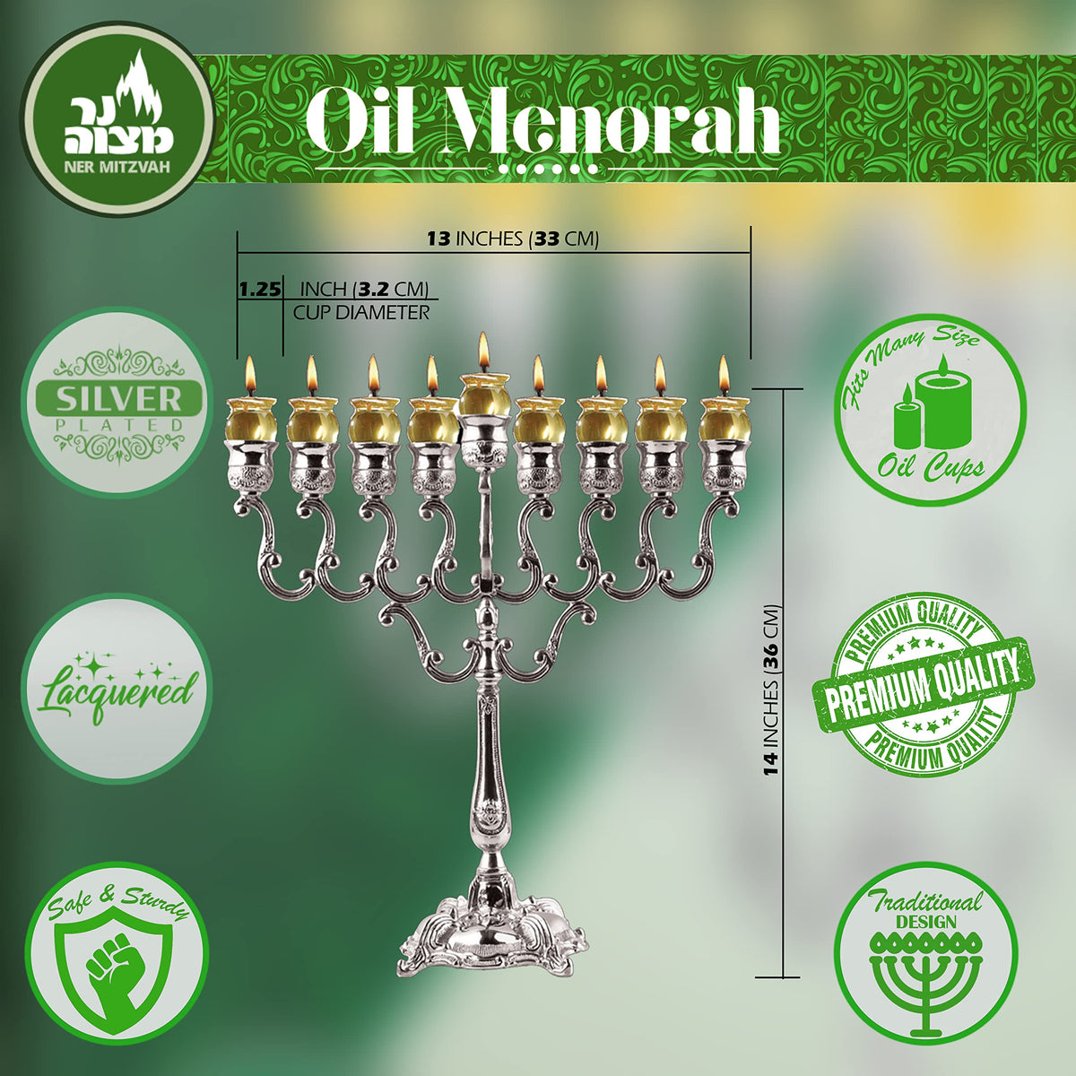 Ner Mitzvah Silver Oil Menorah, Olive Branches, 14 Inches High