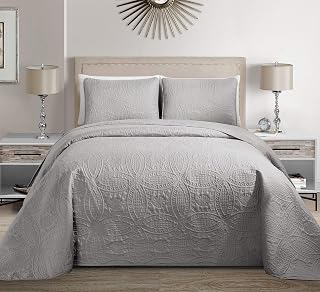 Fancy Collection Embossed Coverlet Bedspread Over Size Set Solid # Austin (Silver, King/California King)