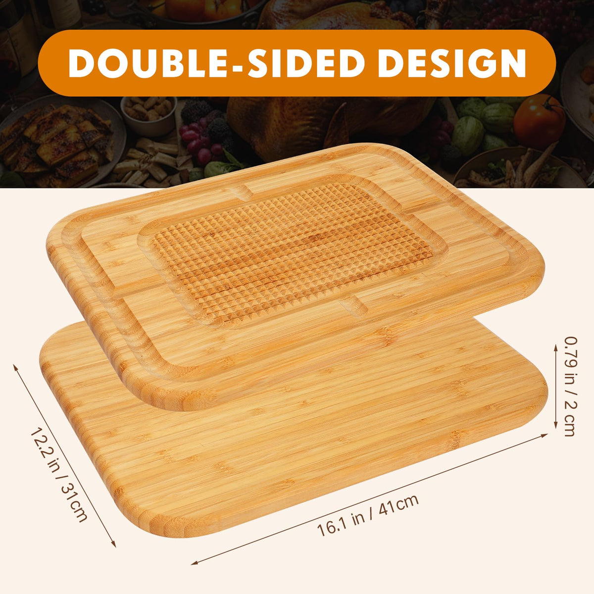 Patelai Bamboo Carving Board, 16 Inch with Juice Groove and Spikes, Natural