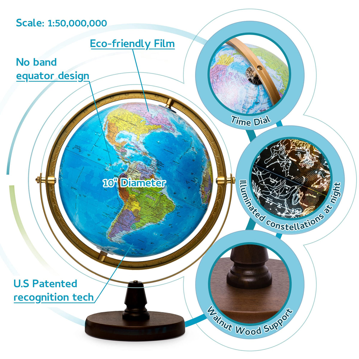 with Interactive APP & LED Illuminated Constellations at Night by SJSMARTGLOBE – Original, Wood, Blue, Model SJE-260-GASW2