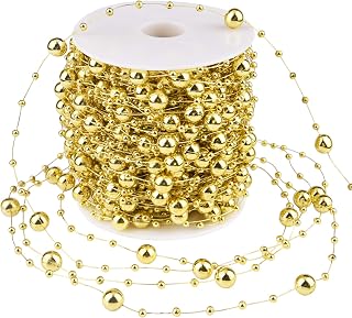 100 Feet Christmas Tree Beads Garland Decoration, Artificial Plastic Reflective Pearls Strands String Chain Beaded Roll (Golden)