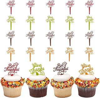 DecoPac Be Thankful Cupcake Toppers, 24 Thanksgiving Cake Decorations For Fall Parties & Celebrations, Food Safe Cake Pics – 24 Pack