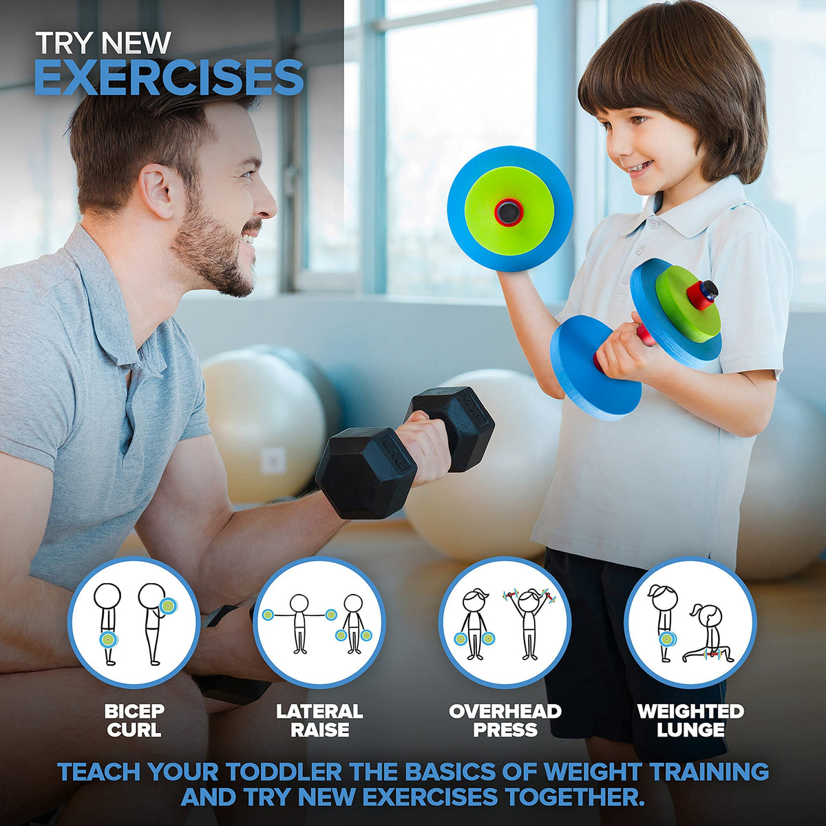 Kids Weight Set (2 Pack) Toy Dumbbells by Modern Innovations – 5.5” L x 5.5” W x 10.6” H., Polyethylene (PE), Multicolored, Pack of 2, Model MI 1210