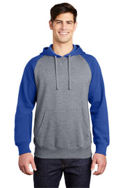 Unisex Raglan Colorblock Pullover Hooded Sweatshirt by SPORT-TEK – X-Small, Polyester Blend, True Royal/ Vintage Heather, Model ST267