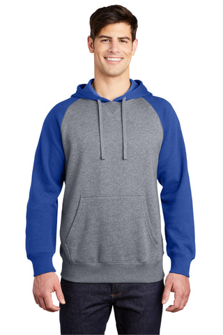 Unisex Raglan Colorblock Pullover Hooded Sweatshirt by SPORT-TEK – X-Small, Polyester Blend, True Royal/ Vintage Heather, Model ST267