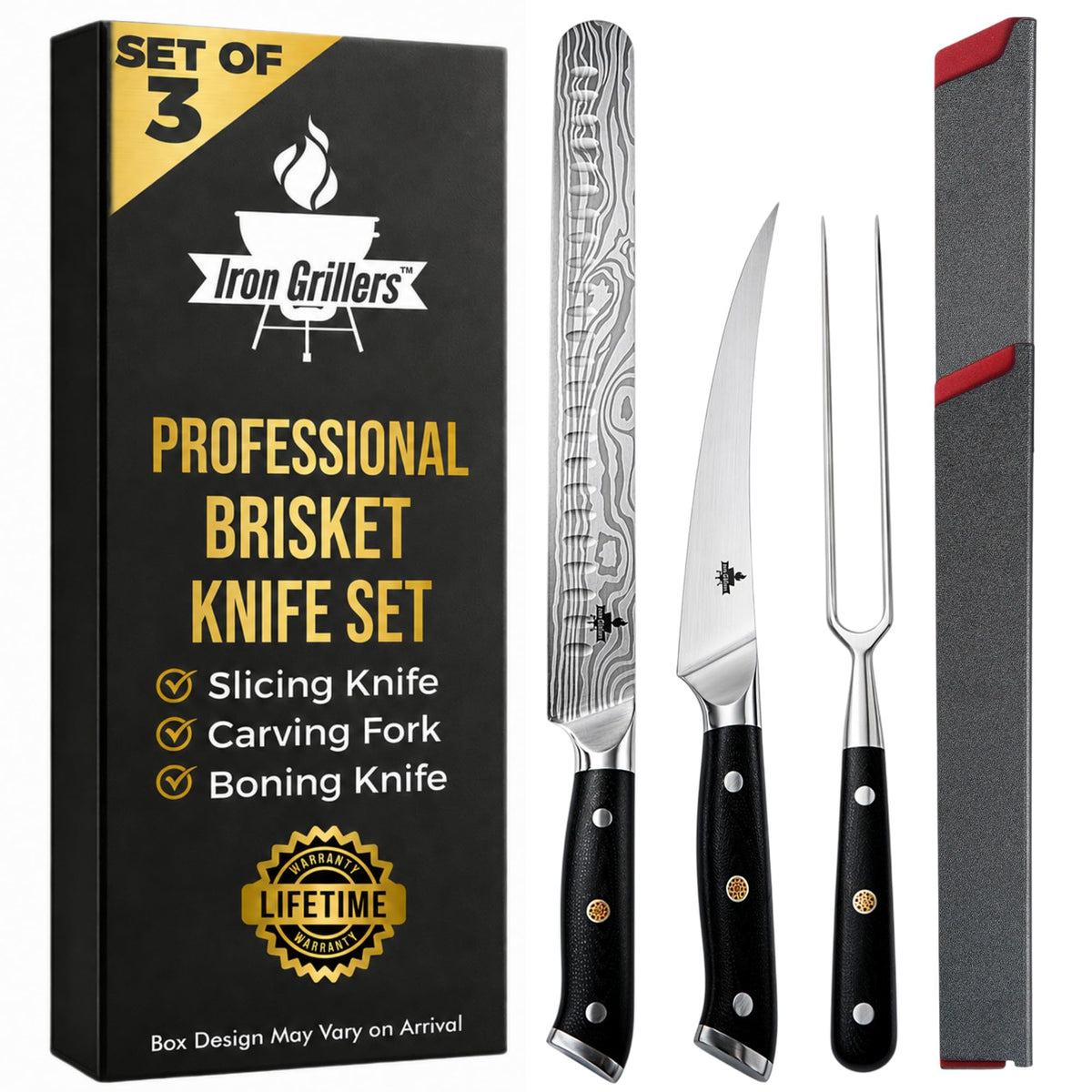 Iron Grillers Carving Knife Set, 12 Inch Slicing Knife with Boning Knife and Fork, Silver