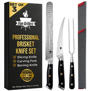 Iron Grillers Carving Knife Set, 12 Inch Slicing Knife with Boning Knife and Fork, Silver